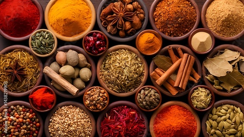 The spices include red chili powder, turmeric, black pepper, etc