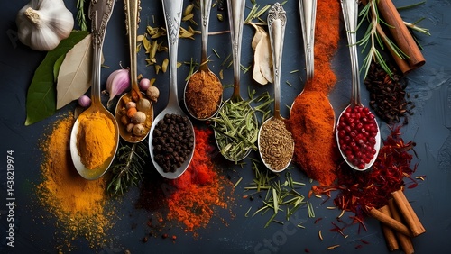 The spices include red chili powder, turmeric, black pepper, etc