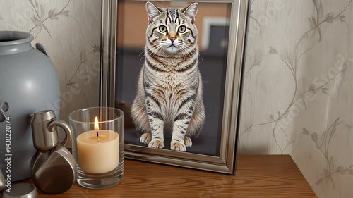 Cat photo in a frame beside a candle on a wooden table  