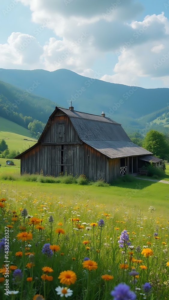 Fototapeta premium Old Wooden Barn Surrounded By Wildflowers And Rolling Green Hills