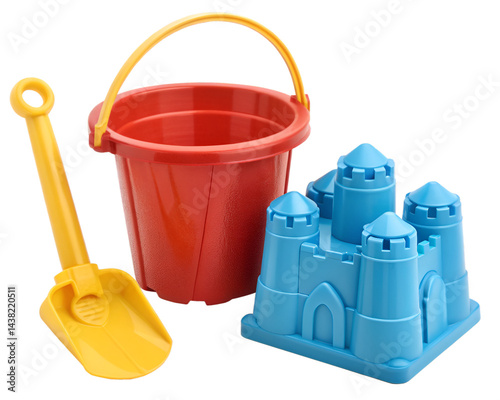 Colorful beach toy set with red bucket blue mold and yellow shovel