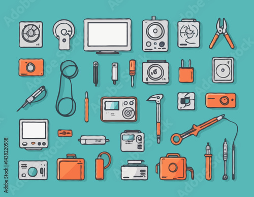 Vector Line Icons of Home Electronics Repair Tools