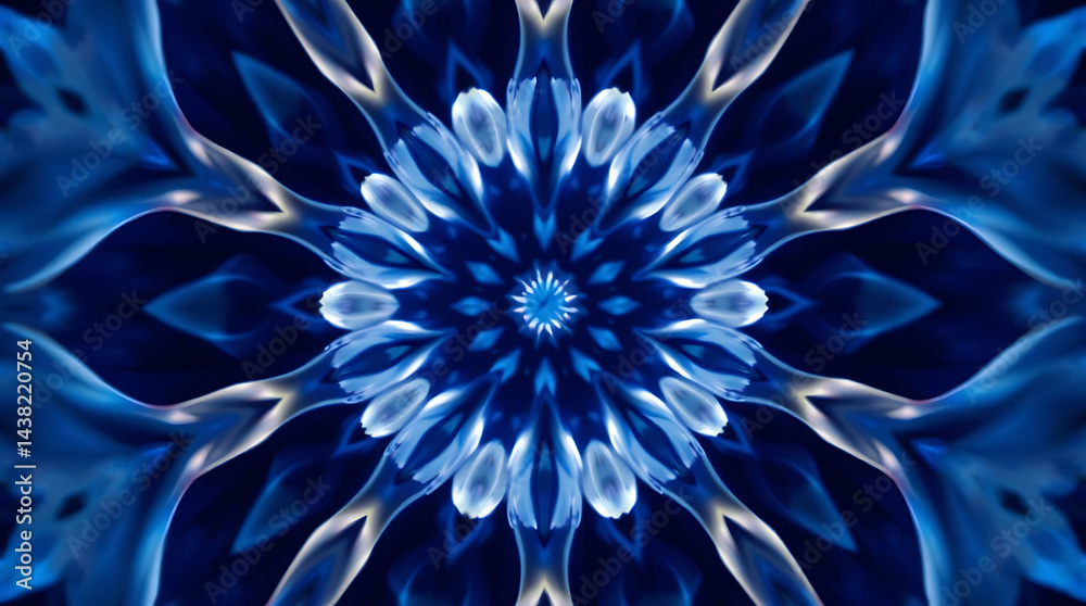 Obraz premium a mesmerizing kaleidoscope of Bluebells flower petals arranged in fractal symmetry, glowing softly against a deep indigo void, subtle prism refractions, created b y generative ai