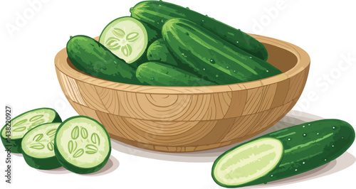 Cucumber with cucumber slice in wooden bowl in white background, Cucumber Illustration vector design