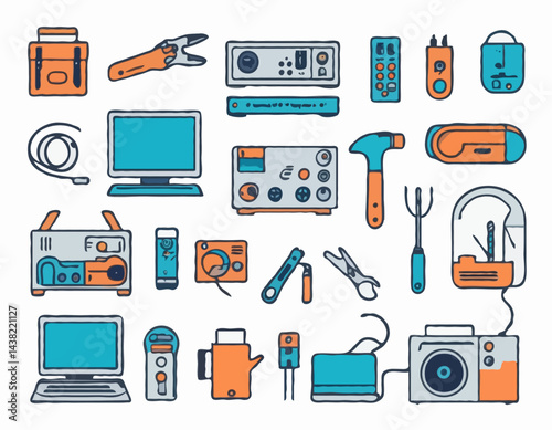 Vector Line Icons of Home Electronics Repair Tools