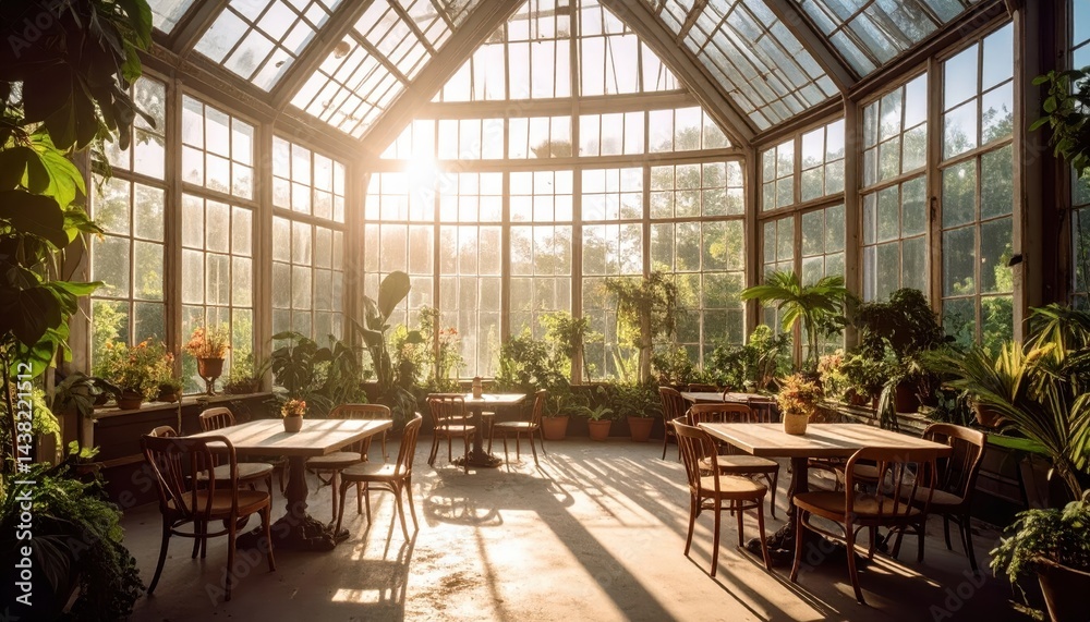 Naklejka premium Ancient Greenhouse Dream Café in Overgrown Garden
