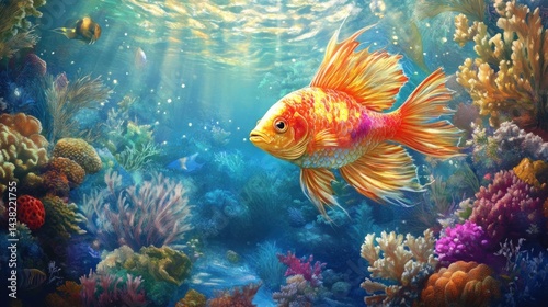 Vibrant coral reef teeming with colorful fish, sunlight filtering through the water