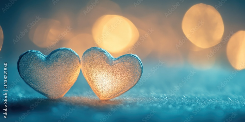 Fototapeta premium A romantic and intimate scene set at night featuring a pair of hearts illuminated by warm, cozy lighting, with snowflakes adding a touch of magic. The hearts are placed on a surface that resembles