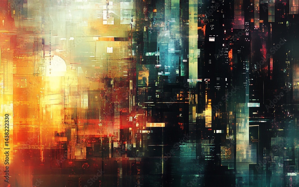 Fototapeta premium Abstract cityscape with digital art aesthetic, vibrant colors, and geometric shapes
