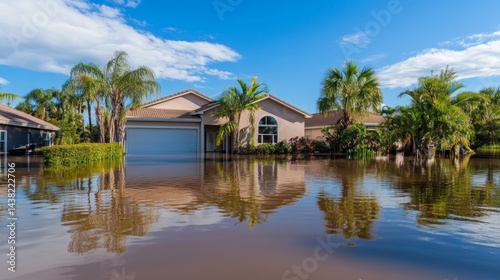 Suburban houses surrounded by floodwaters after tropical storm and hurricane in Florida, severe flooding disaster impacts residential community, aftermath of extreme weather event.