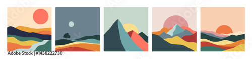 Set of mountain landscapes for design. Set of abstract mountain vector landscape illustrations. Postcards with mountain landscapes.