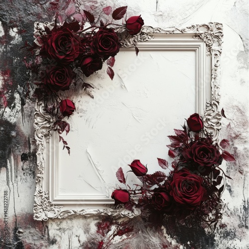 Ornate white frame surrounded by deep red roses on painted wall