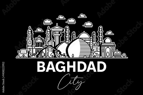 Baghdad, Iraq architecture line skyline illustration with shadows. Linear vector cityscape with famous landmarks, city sights, design icons.