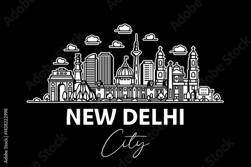 New Delhi, India architecture line skyline illustration with shadows. Linear vector cityscape with famous landmarks, city sights, design icons.