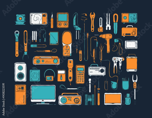 Vector Line Icons of Home Electronics Repair Tools