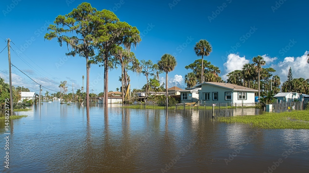 Obraz premium Suburban houses surrounded by floodwaters after tropical storm and hurricane in Florida, severe flooding disaster impacts residential community, aftermath of extreme weather event.