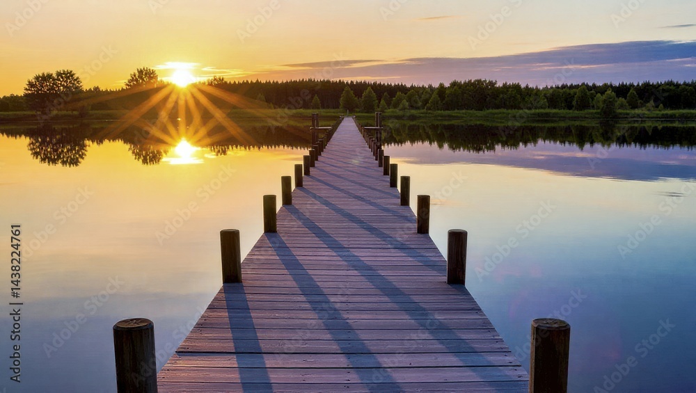 Obraz premium Wooden Pier Leading to Lake at Sunrise