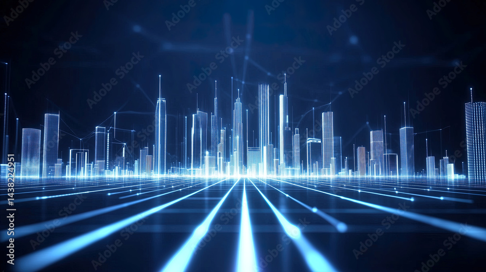 blue cyberpunk city silhouette