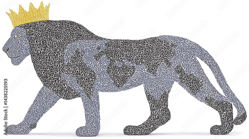 Fototapeta premium Lion silhouette formed of dots wearing golden crown, pale blue and dark gray