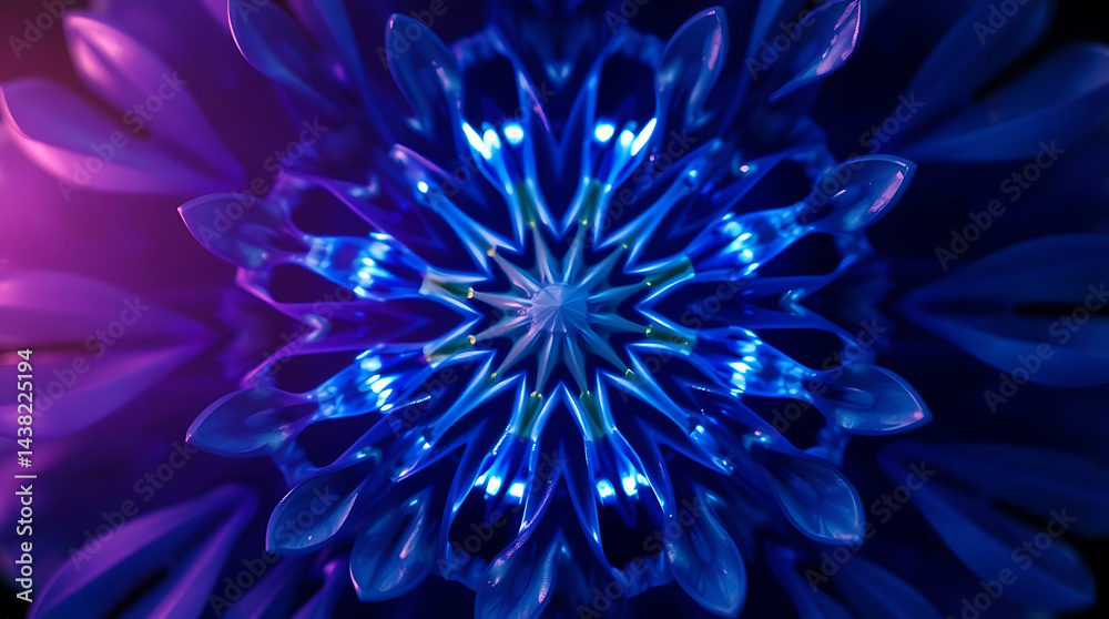 Obraz premium a mesmerizing kaleidoscope of Bluebells flower petals arranged in fractal symmetry, glowing softly against a deep indigo void, subtle prism refractions, created b y generative ai