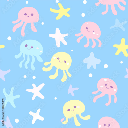 Fun cartoon sea animal vector illustration pattern set with cute jellyfish and starfish an underwater ocean life design
