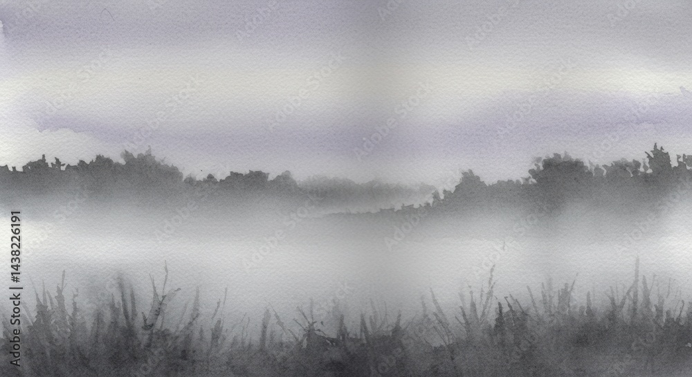 Fototapeta premium Watercolor painting depicts a serene and misty landscape scene, evoking a sense of calm and