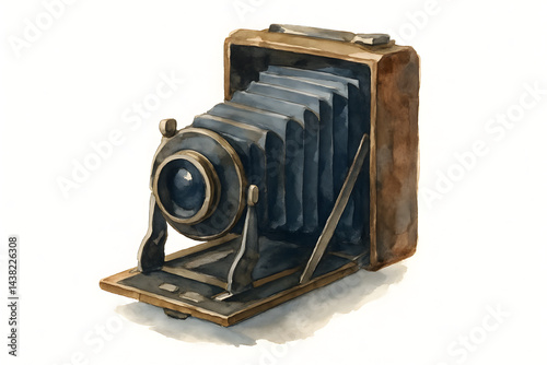 Vintage Camera: A meticulously detailed watercolor painting portrays an antique camera, capturing the essence of classic photography and vintage charm.