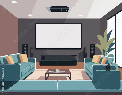 Vector Illustration of a Modern Home Theater System with Projector, Screen, Speakers, and Comfortable Seating for Entertainment and Luxury Living Concepts.