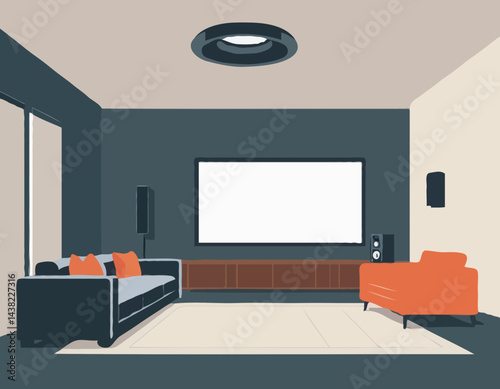 Vector Illustration of a Modern Home Theater System with Projector, Screen, Speakers, and Comfortable Seating for Entertainment and Luxury Living Concepts.