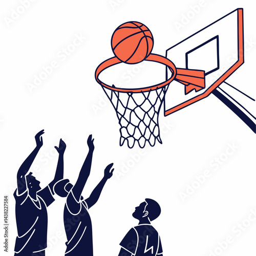 Team competition, sport and victory concept in flat style. Basketball hoop with a basketball on an isolated white background.