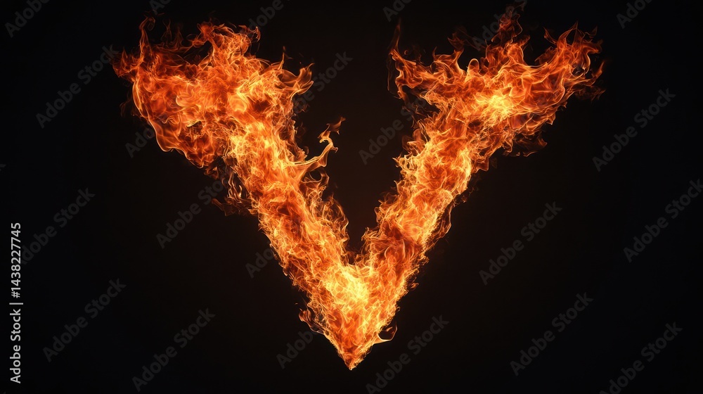 Fototapeta premium Fiery letter V against black background, graphic design element