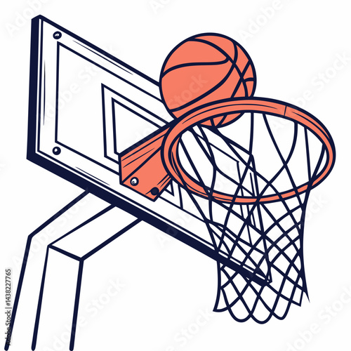 Team competition, sport and victory concept in flat style. Basketball hoop with a basketball on an isolated white background.
