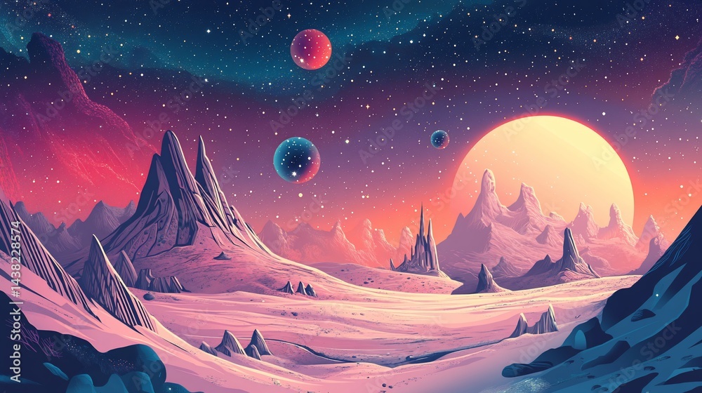 Cosmic landscape with planets, mountains, and starlight in vivid colors Cosmic landscape with planets, mountains, and starlight in vivid colors