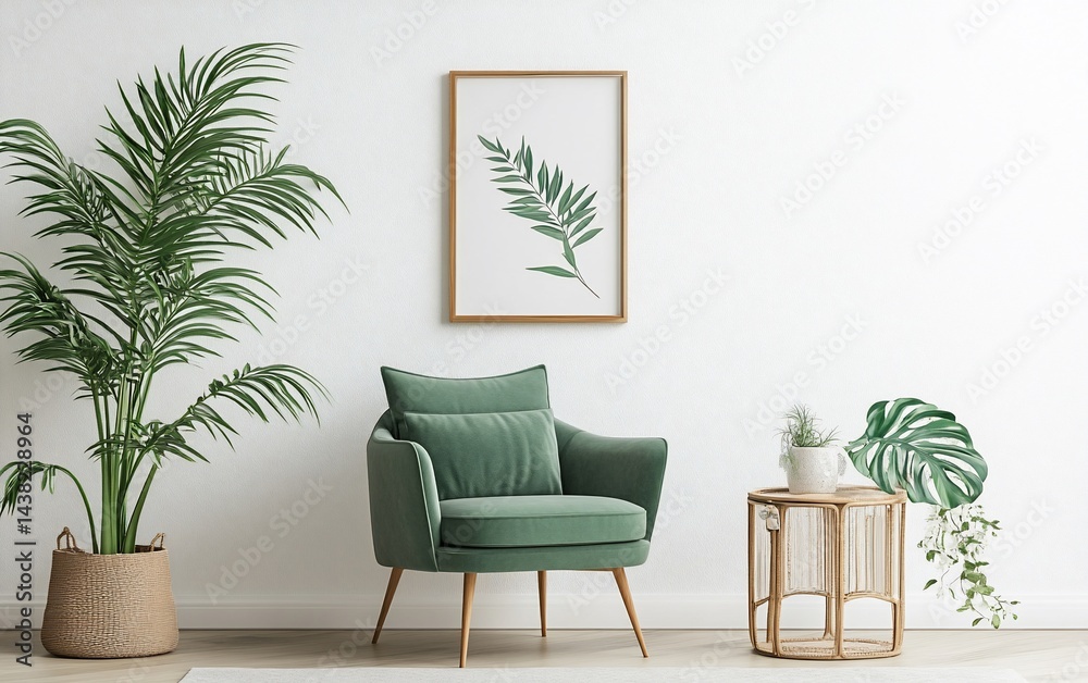 Fototapeta premium Cozy green armchair, plants, and artwork against white wall