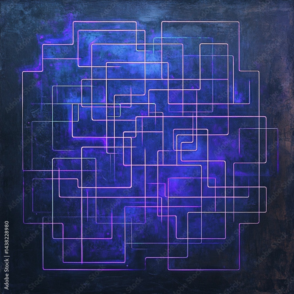 A maze-like glowing grid with intersecting lines in electric blue and purple, forming a complex network against a textured dark gray background, with faint light leaks at the intersections. A maze-like glowing grid with intersecting lines in electric blue and purple, forming a complex network against a textured dark gray background, with faint light leaks at the intersections.