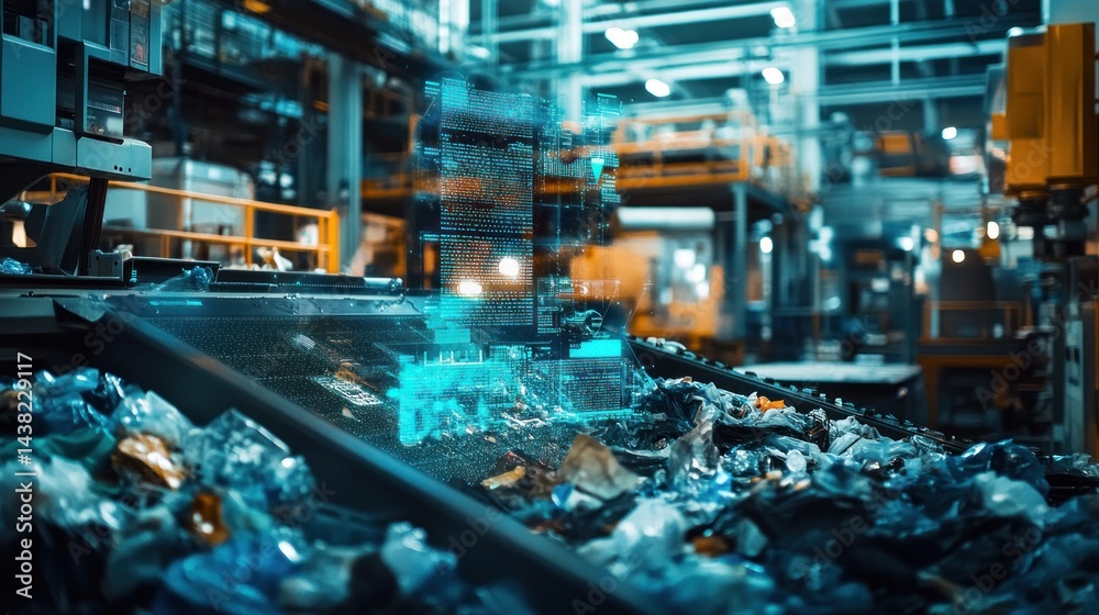 Automated waste sorting facility with augmented reality. Sorting plastic waste, using digital data overlays to identify different materials. High-tech recycling process Automated waste sorting facility with augmented reality. Sorting plastic waste, using digital data overlays to identify different materials. High-tech recycling process