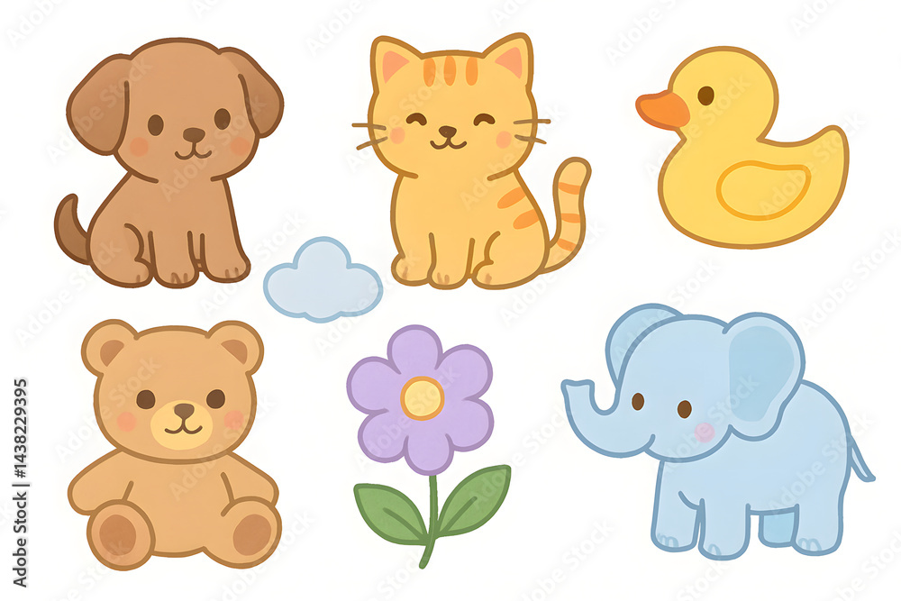 Obraz premium Charming Collection: An endearing collection of cute, friendly cartoon characters including a dog, cat, duck, teddy bear, flower and elephant. A cheerful composition.