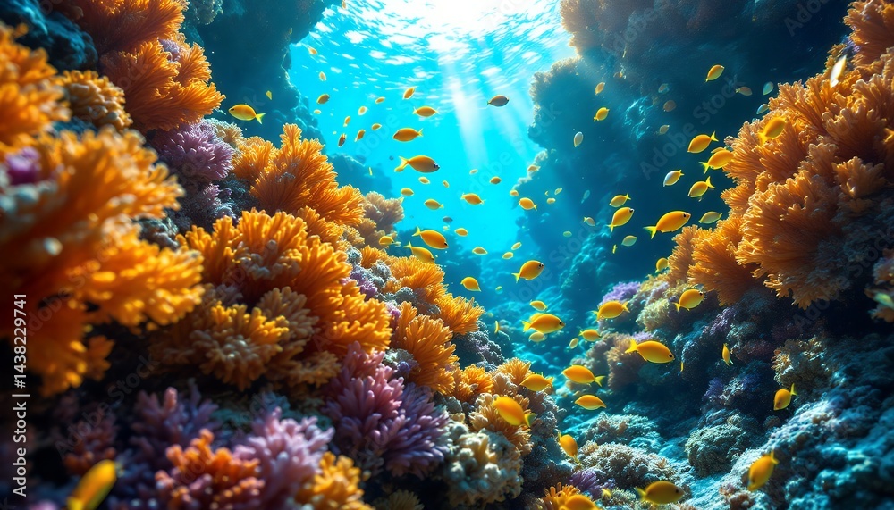 Fototapeta premium Vibrant Coral Reef Ecosystem with Yellow Fish and Sunbeams