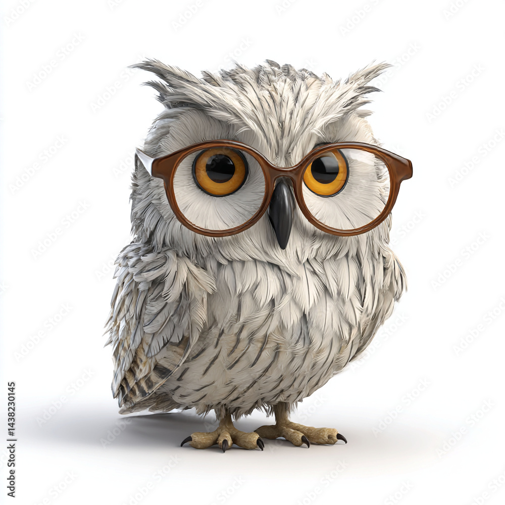 Obraz premium Adorable Cartoon Owl Wearing Glasses on White Background