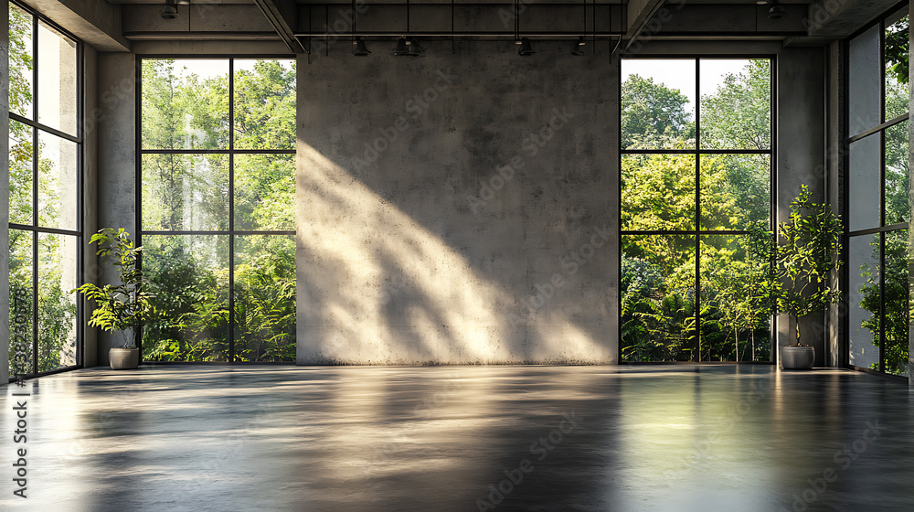 Fototapeta premium Industrial Room Interior Featuring Window Light Shadow Concrete Wall and Textured Surface with Yellow and Orange Tones Ai Generated