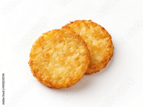 American Breakfast, Crispy golden hash brown patties on a white background.