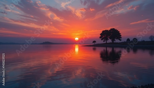 Fiery Sunset Reflections on Calm Lake Waters with Silhouetted Trees