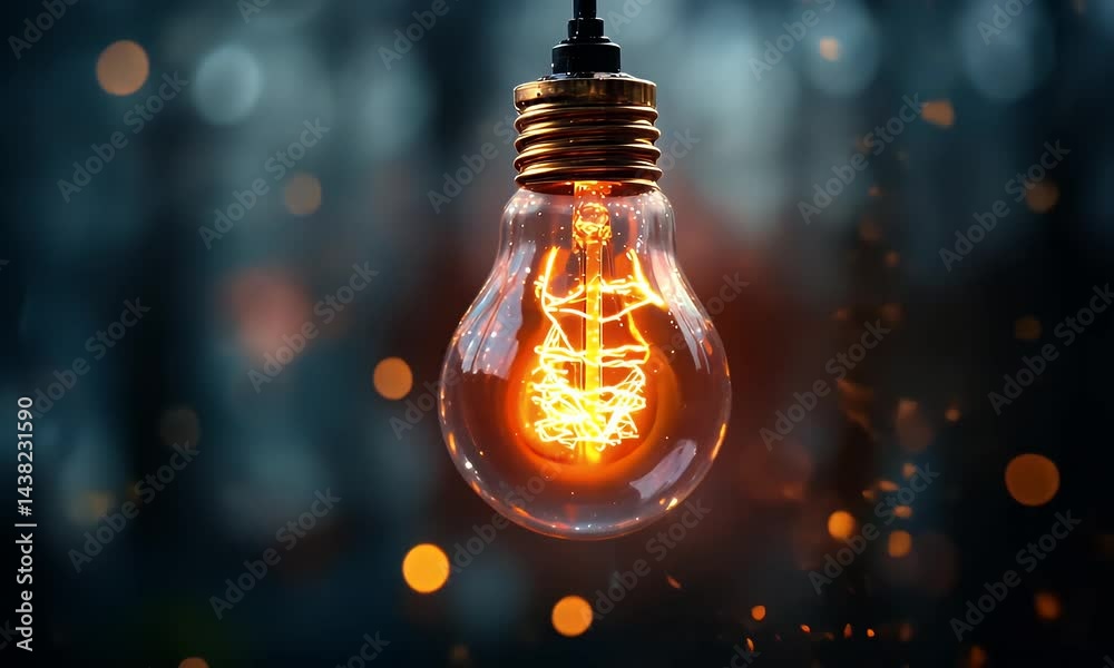 Glowing Light Bulb with Orange Filament in Dark Blue Bokeh Background Innovation