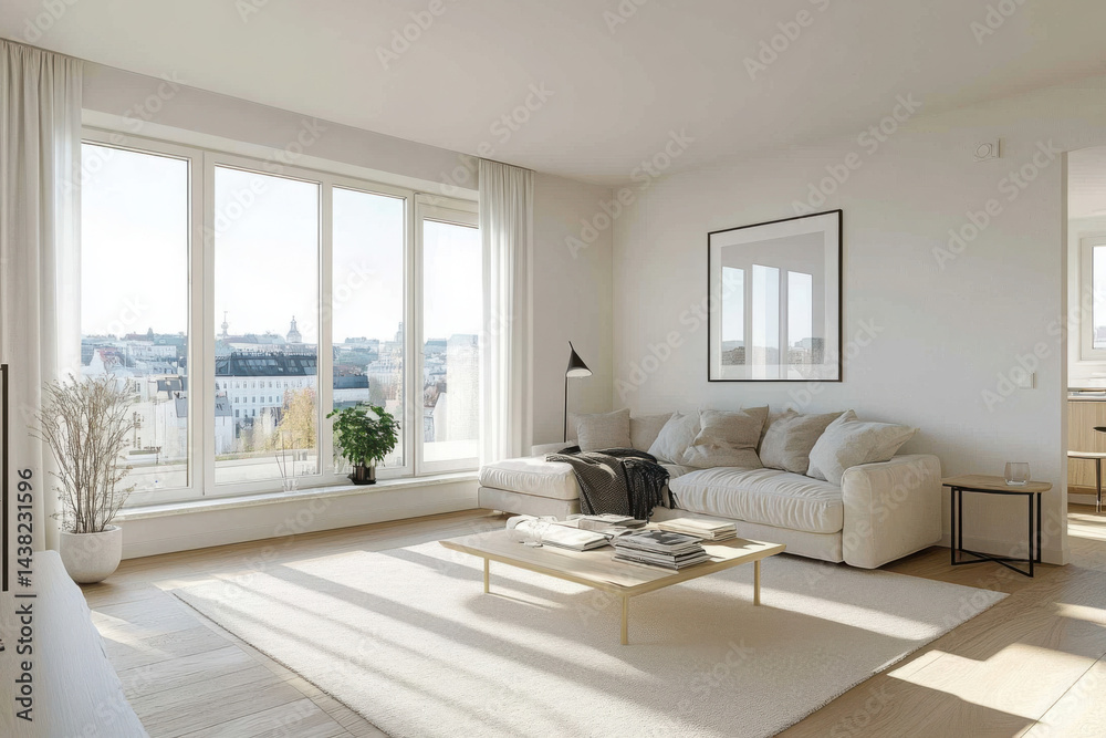 Fototapeta premium Bright living room interior with large window and white poster on the wall