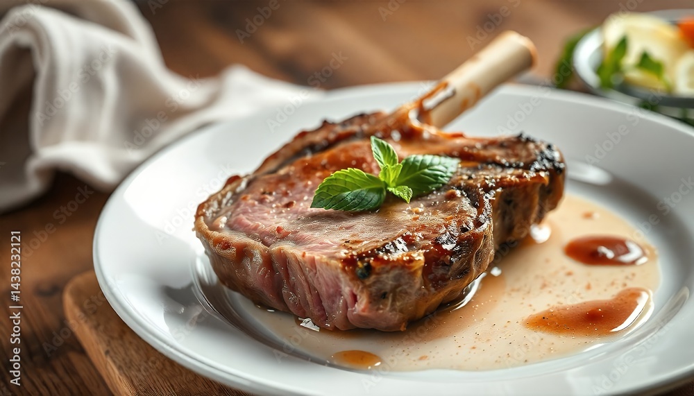 Juicy Roasted Bone-in Meat with Savory Sauce on Rustic Wooden Table Juicy Roasted Bone-in Meat with Savory Sauce on Rustic Wooden Table