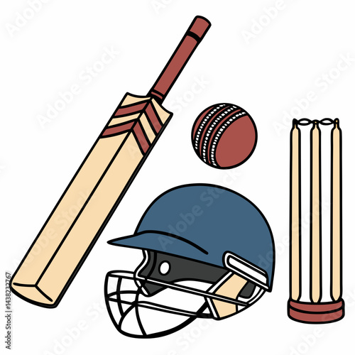 Cricket set isolated on white background. Cricket bat, ball and helmet. Cricket design elements for logo, label, badge, poster. Vector illustration