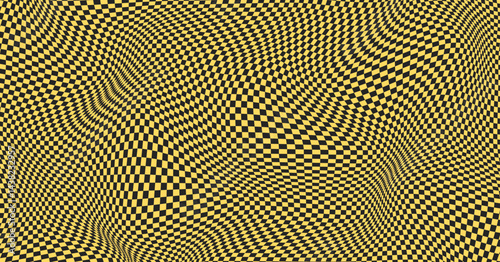 Awry chess square wavy pattern Yellow and black checkered pattern.. Distorted geometric graphic background. Chessboard surface with warped effect. Abstract design for banner. Vector illustration