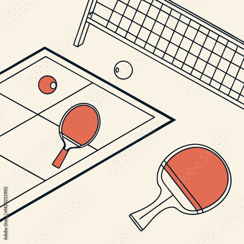 Table tennis background with paddles, ball, net and ping pong table. Trendy vector concept of ping pong with copy space. Design template for competition ads, tournament announcement.