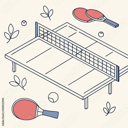 Table tennis background with paddles, ball, net and ping pong table. Trendy vector concept of ping pong with copy space. Design template for competition ads, tournament announcement.