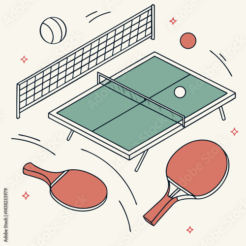 Table tennis background with paddles, ball, net and ping pong table. Trendy vector concept of ping pong with copy space. Design template for competition ads, tournament announcement.